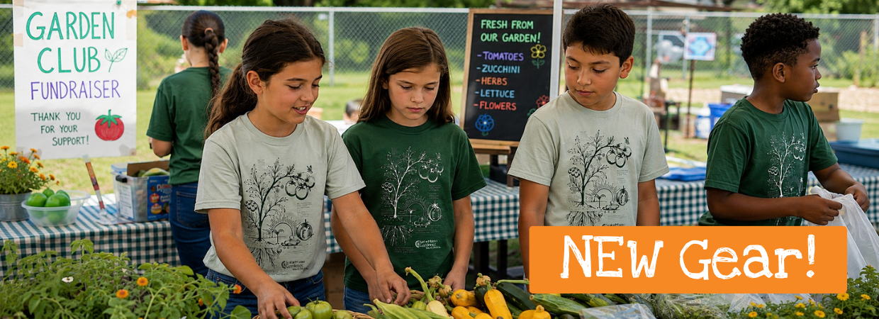 five 10 year olds wearing the same tomato shirt while running a vegetable sale booth