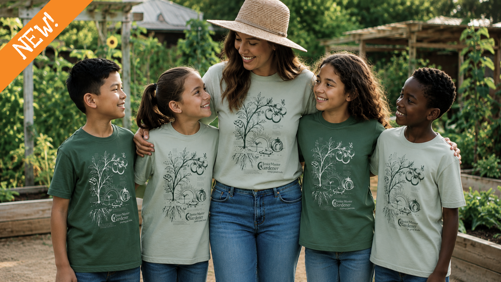 four nine year old kids wearing a horticulture shirt with their teacher in the garden