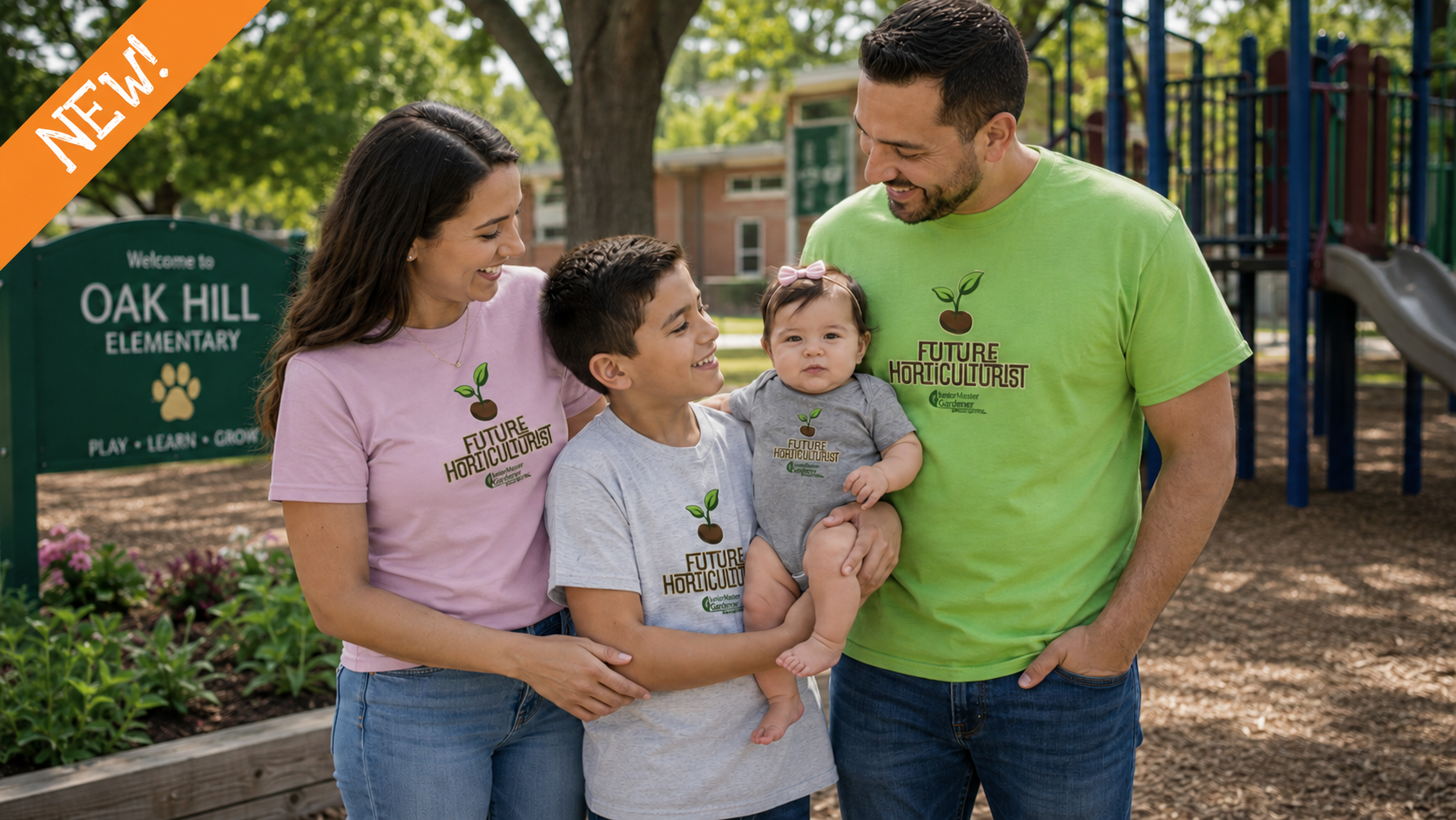 a family of four all wearing a future horticulturist shirt at the park