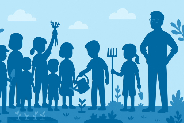 blue cartoon silhouettes of a garden class
