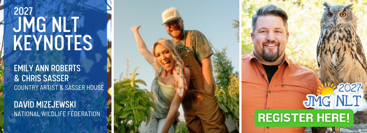 Photo of Emily Ann Roberts, Chris Sasser, and David Mizejewski who are keynotes at the 2027 Junior Master Gardener National Leader Training virtual conference